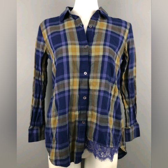 LOGO by Lori Goldstein Tops - Logo Plaid Button-Up Shirt with Lace Hem